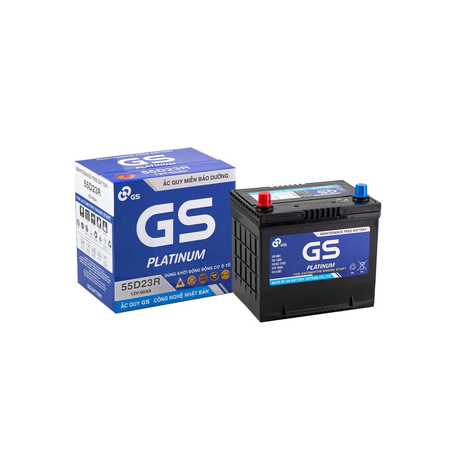 Ắc quy GS Platinum 55D23R 60Ah cùng hộp chính hãng khi giao