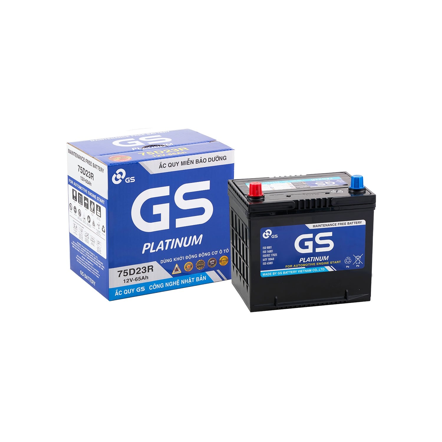 Ắc quy GS Platinum 75D23R 65Ah cùng hộp chính hãng khi giao