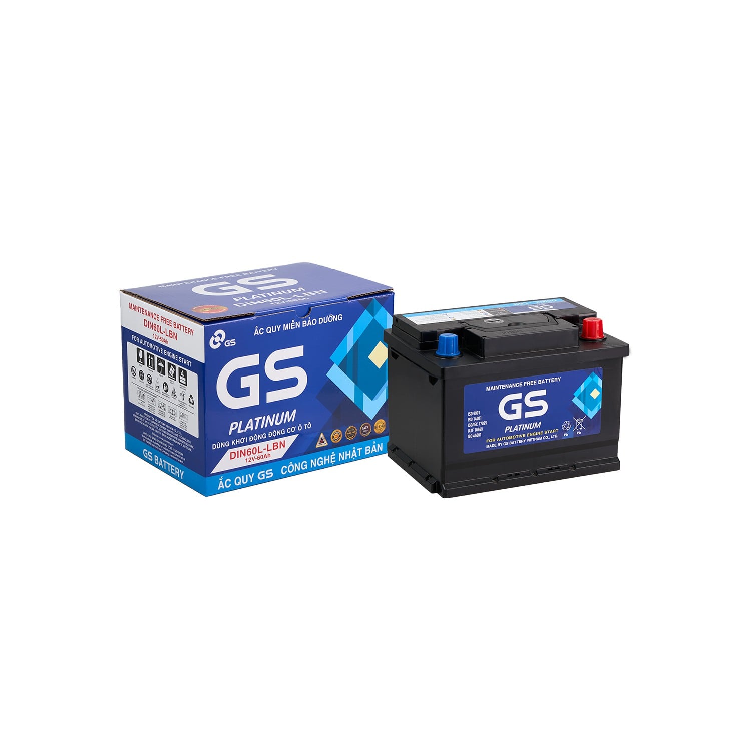 Ắc quy GS Platinum DIN60L-LBN 60Ah cùng hộp chính hãng khi giao