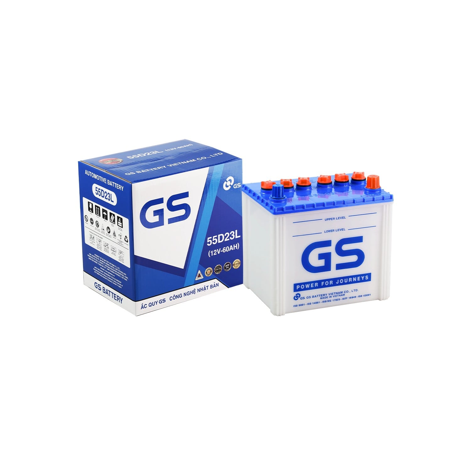 Ắc quy bình nước GS 55D23L 60Ah cùng hộp chính hãng khi giao