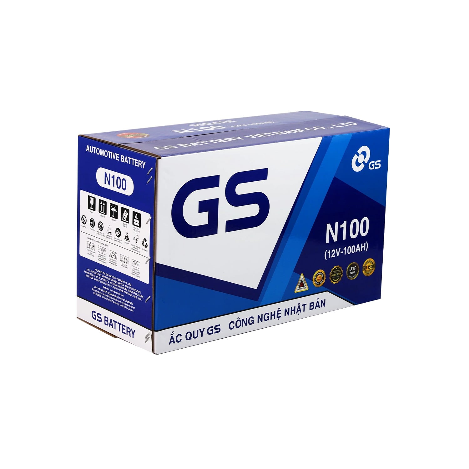 Hộp bình nước GS N100 100Ah in mã bình và thông số 12V