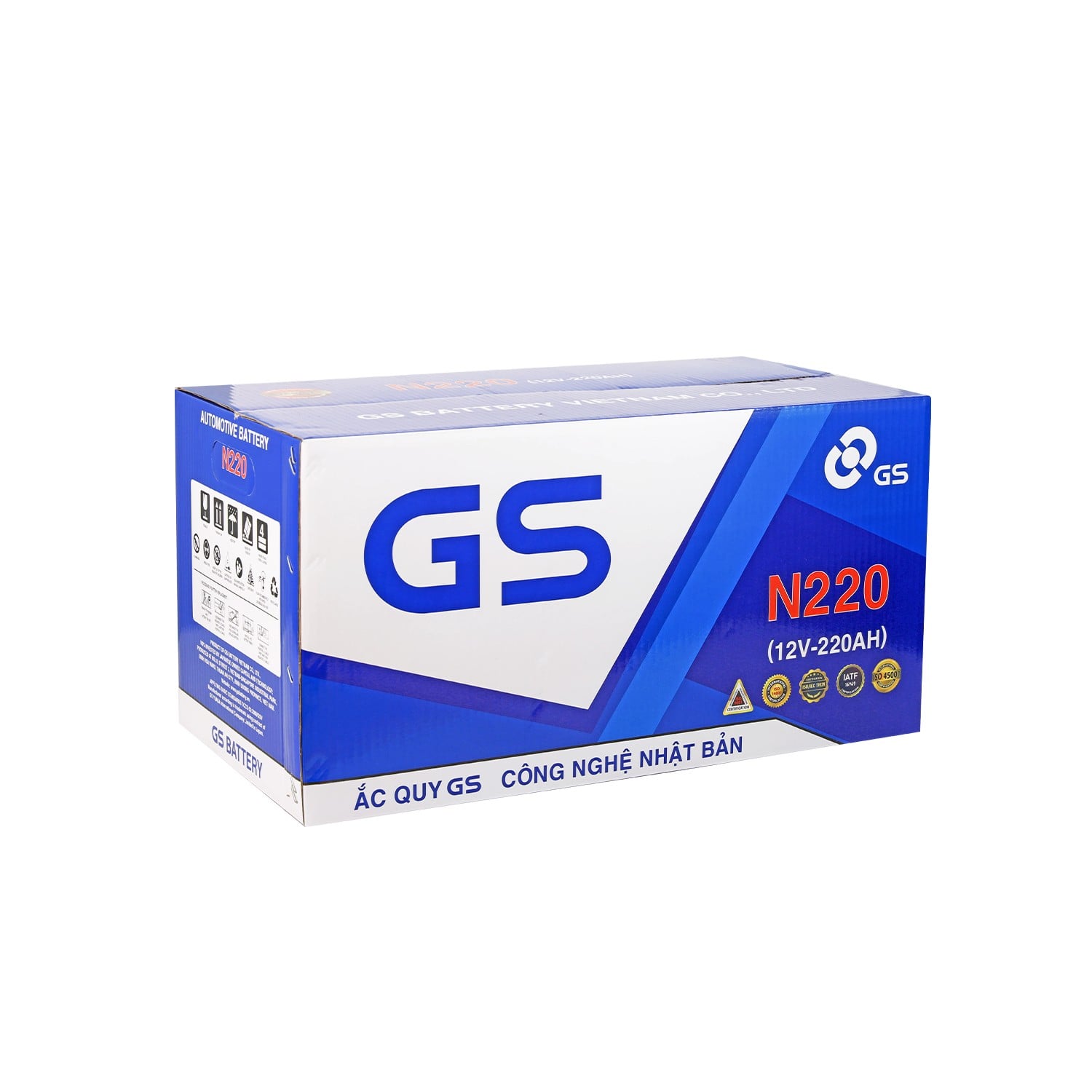 Hộp bình nước GS N220 220Ah in mã bình và thông số 12V