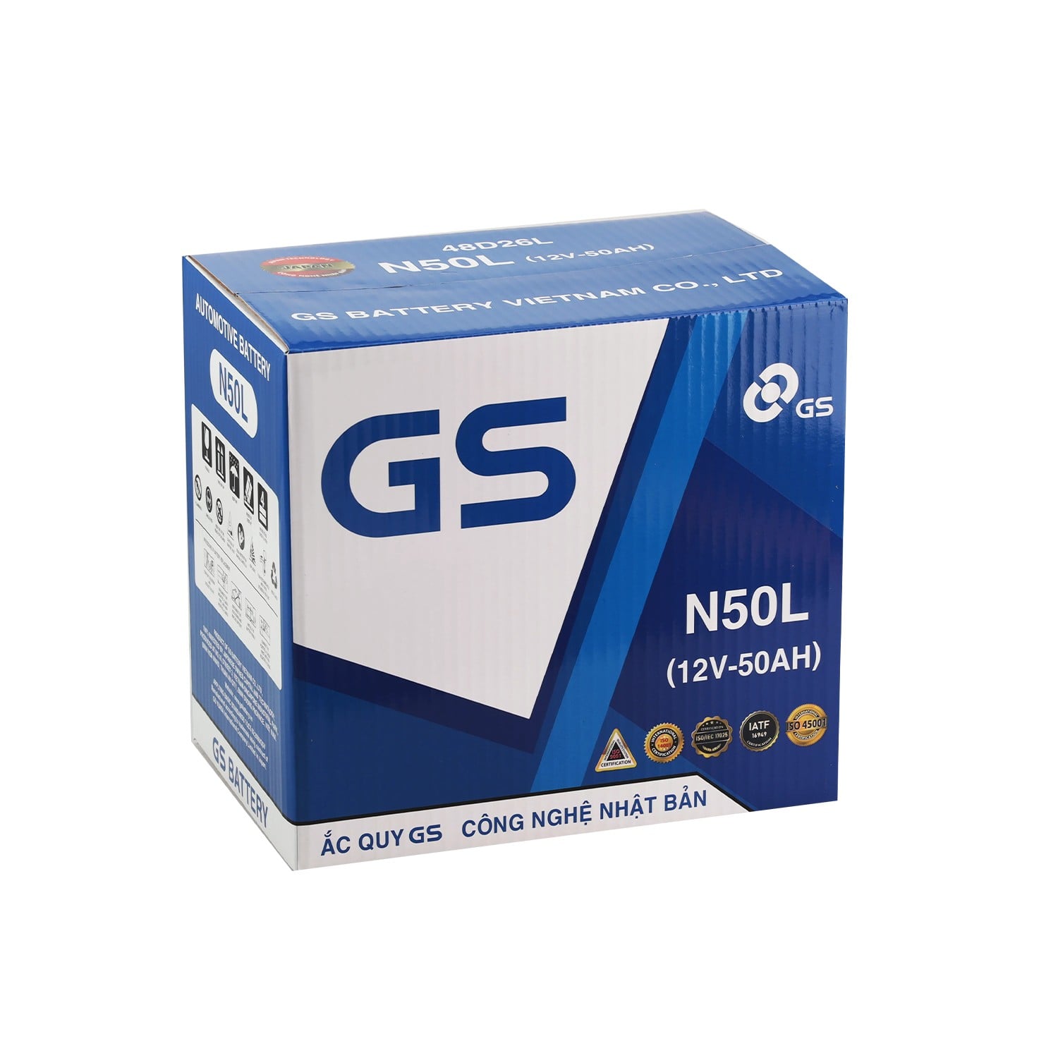 Hộp bình nước GS N50L 50Ah in mã bình và thông số 12V
