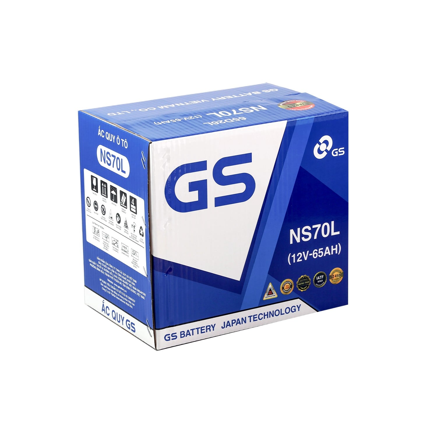 Hộp bình nước GS NS70L 65Ah in mã bình và thông số 12V