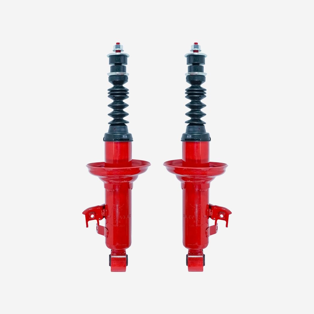 Cặp phuộc trước PNK thân đỏ cho Innova: đế đỡ lò xo dạng chén, giá kẹp trên thân, tai dưới