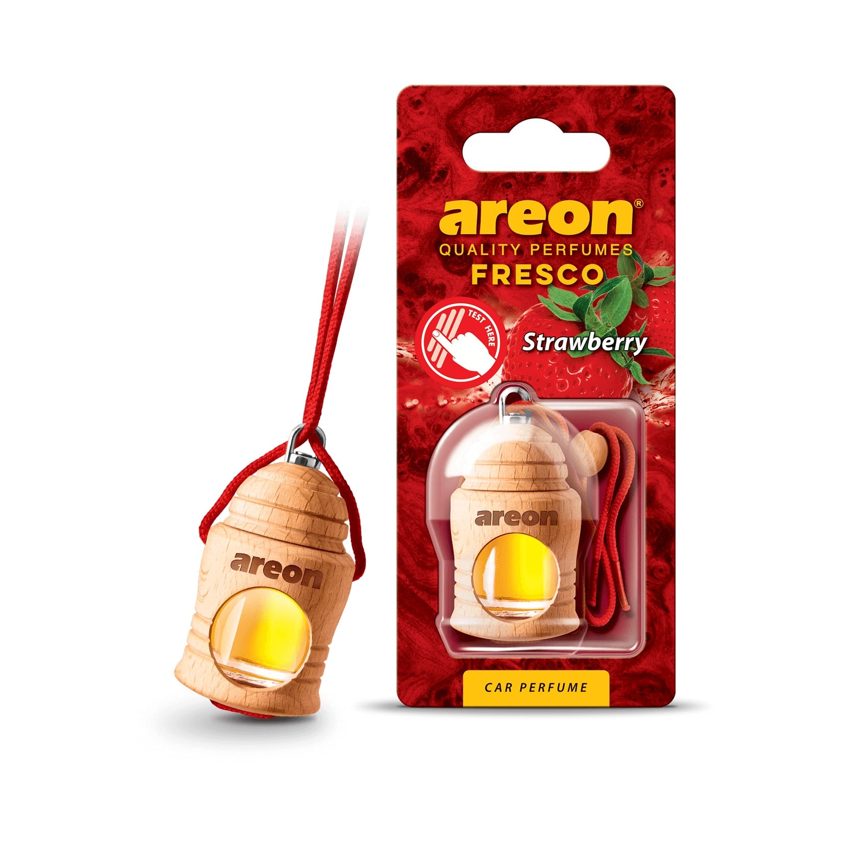 Vỏ hộp Areon Fresco Strawberry vuông, nền trắng, chuẩn ảnh sản phẩm