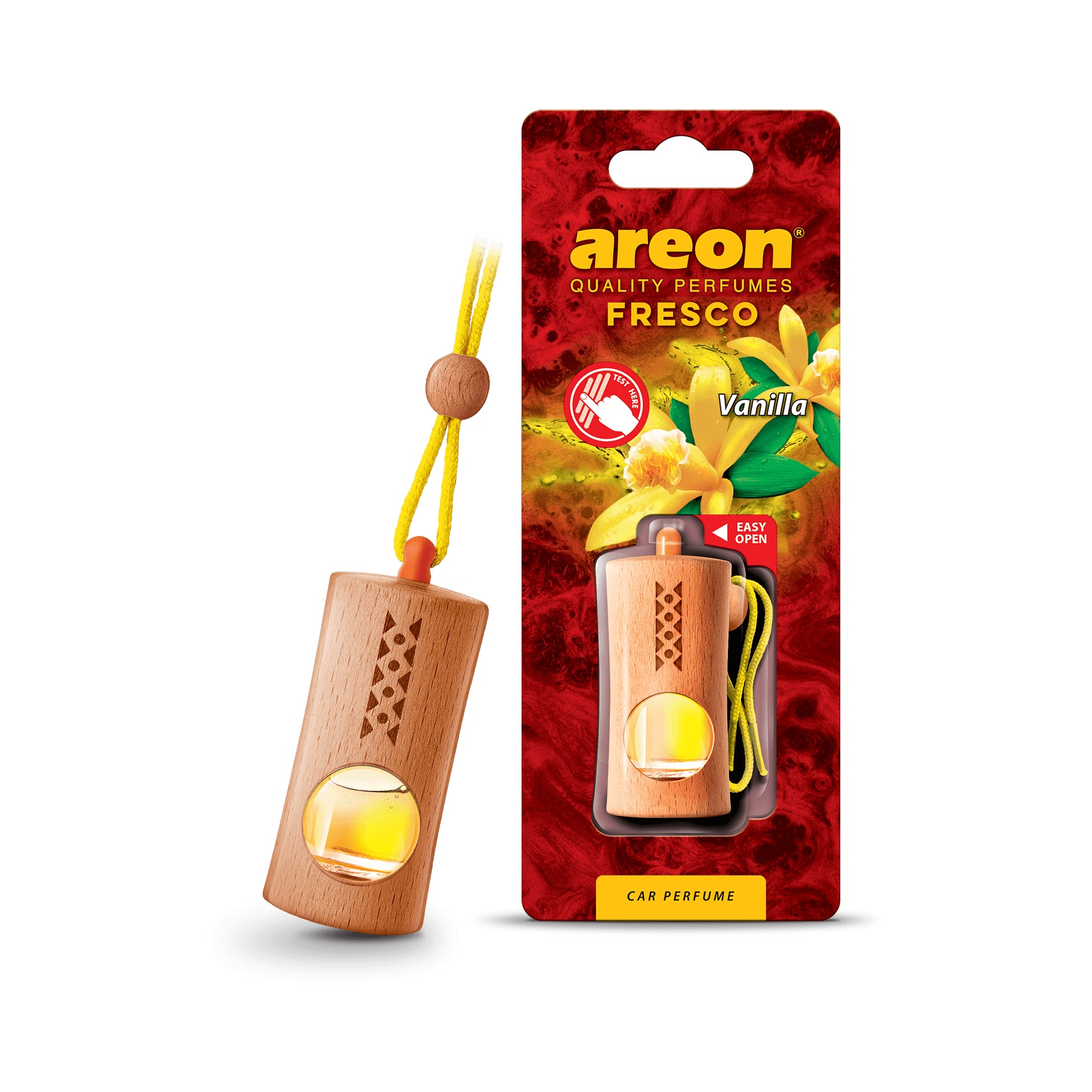 Vỏ hộp Areon Fresco Vanilla vuông, nền trắng, chuẩn ảnh sản phẩm