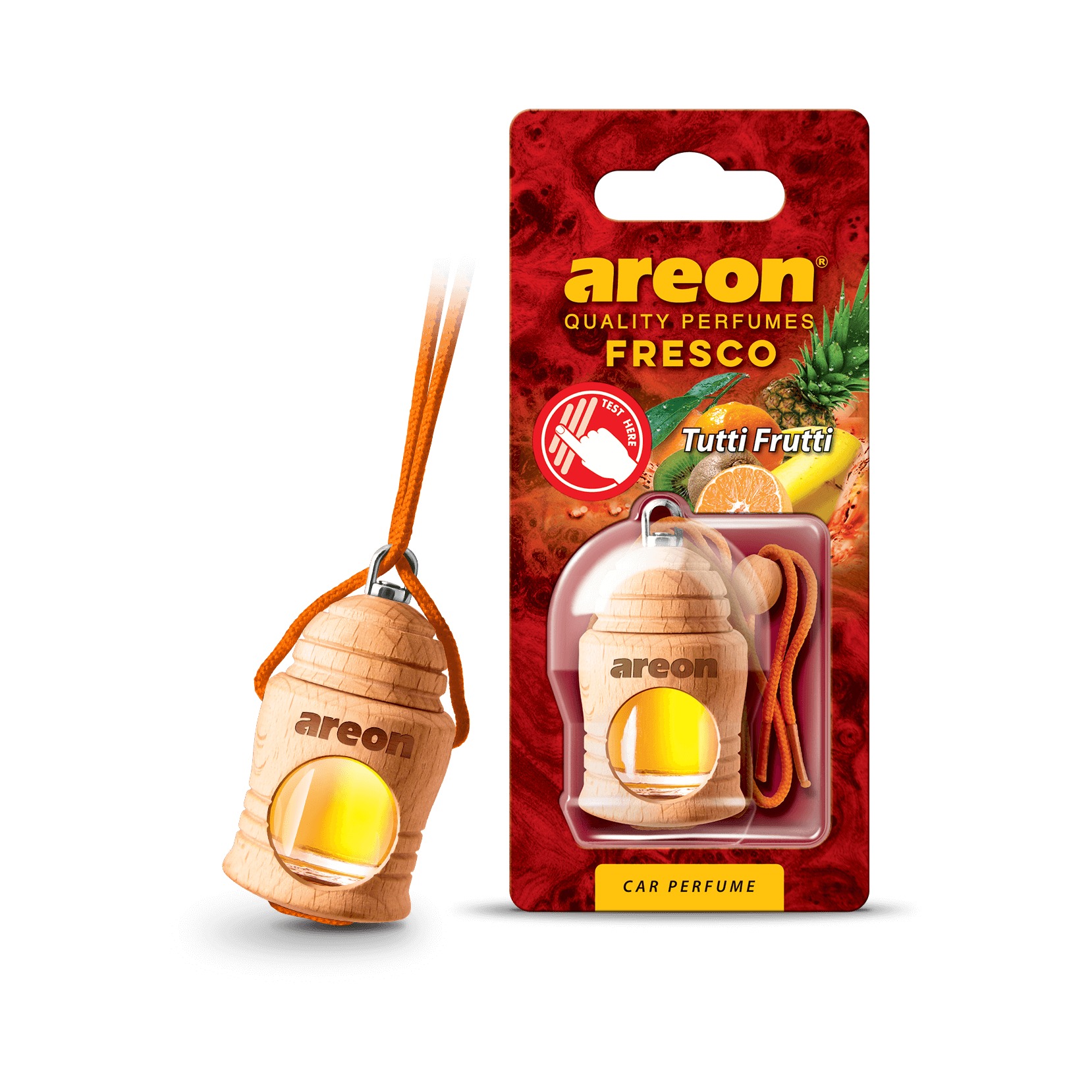 Vỏ hộp Areon Fresco Tuti Fruit vuông, nền trắng, chuẩn ảnh sản phẩm