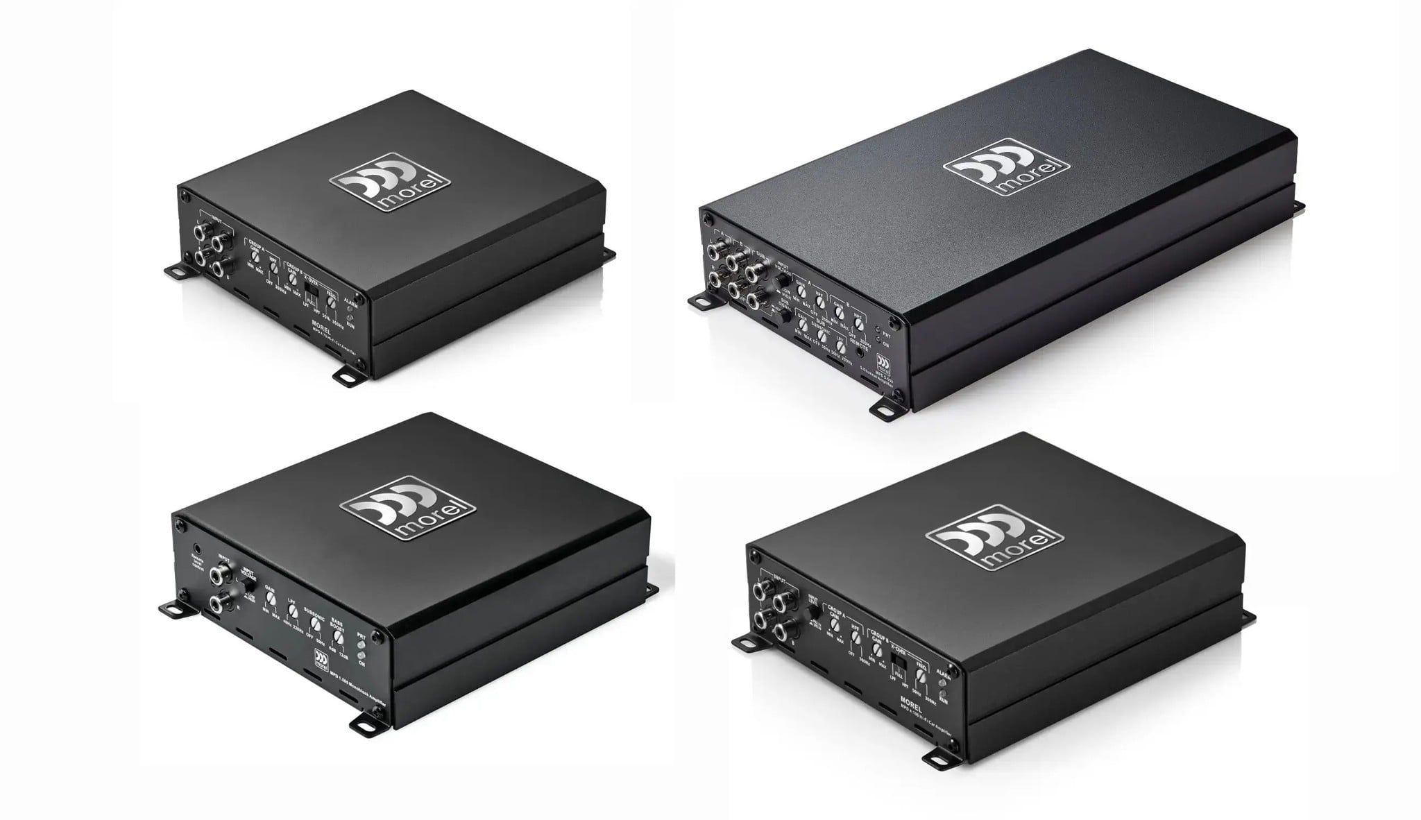Bốn amply dòng Morel MPD với vỏ nhôm đen nhỏ gọn
