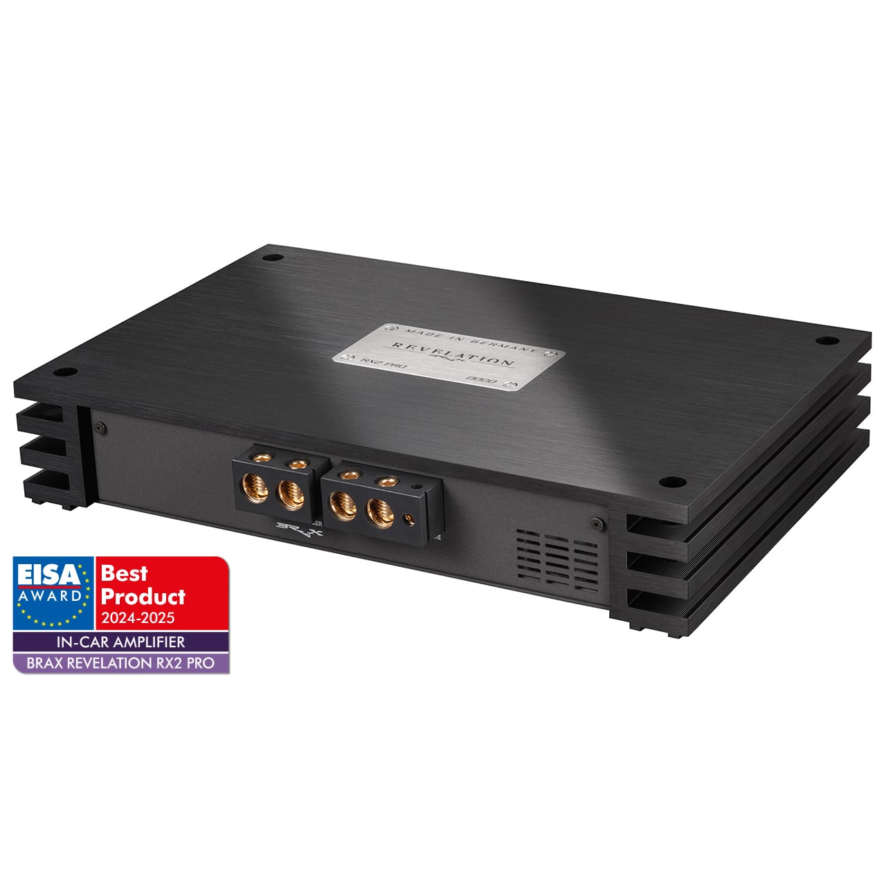 Amply ô tô 2 kênh Brax RX2 PRO góc nghiêng mặt nguồn