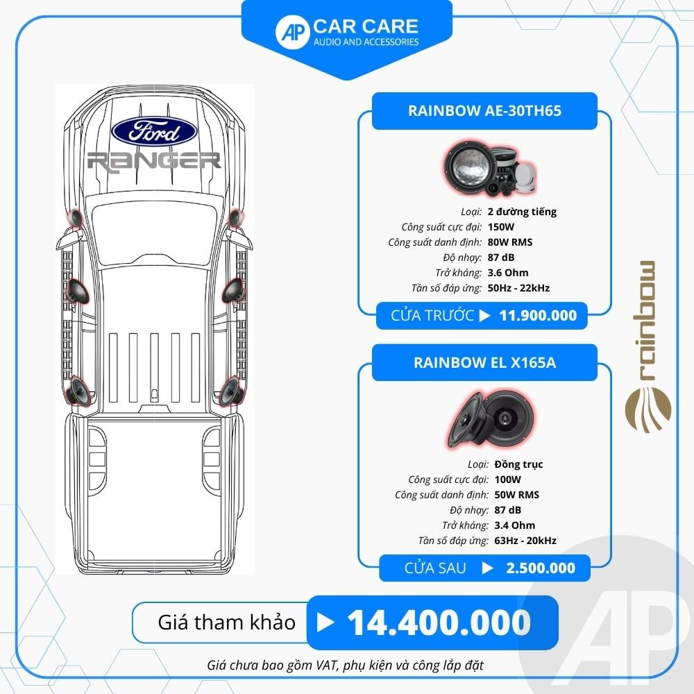 Độ loa ô tô Ford Ranger 2025 (6 loa)
