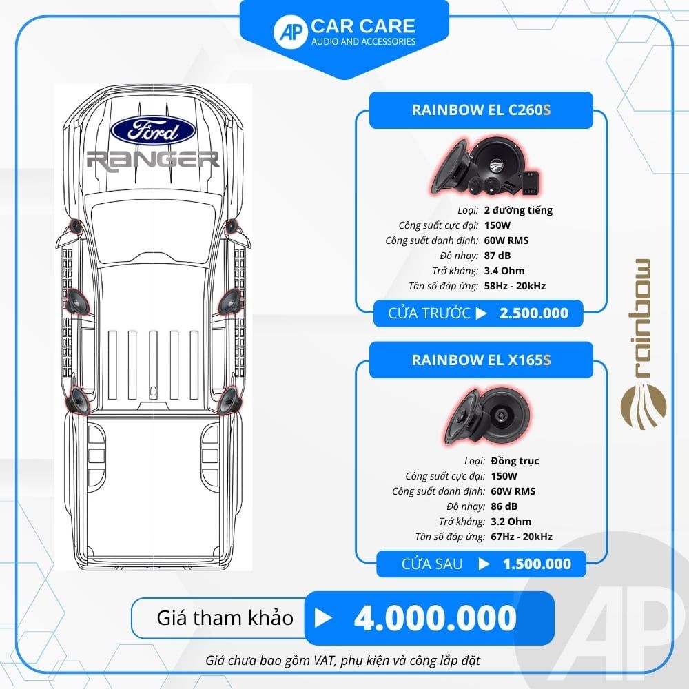Độ loa ô tô Ford Ranger 2025 (6 loa)