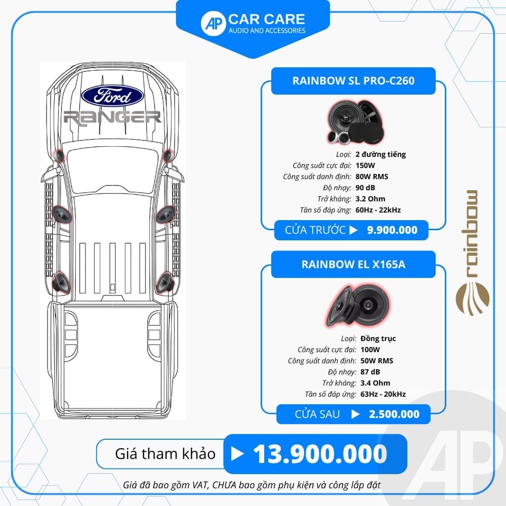 Độ loa ô tô Ford Ranger 2025 (6 loa)