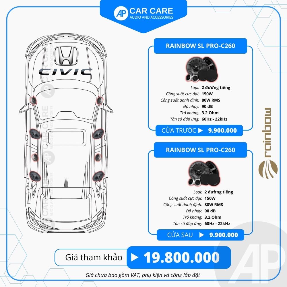 Độ loa ô tô Honda Civic 2025 (8 loa - 12 loa)