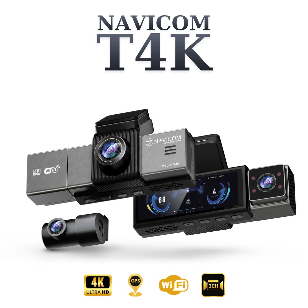 Camera hành trình Navicom T4K 3 kênh thân máy hai mặt và camera sau