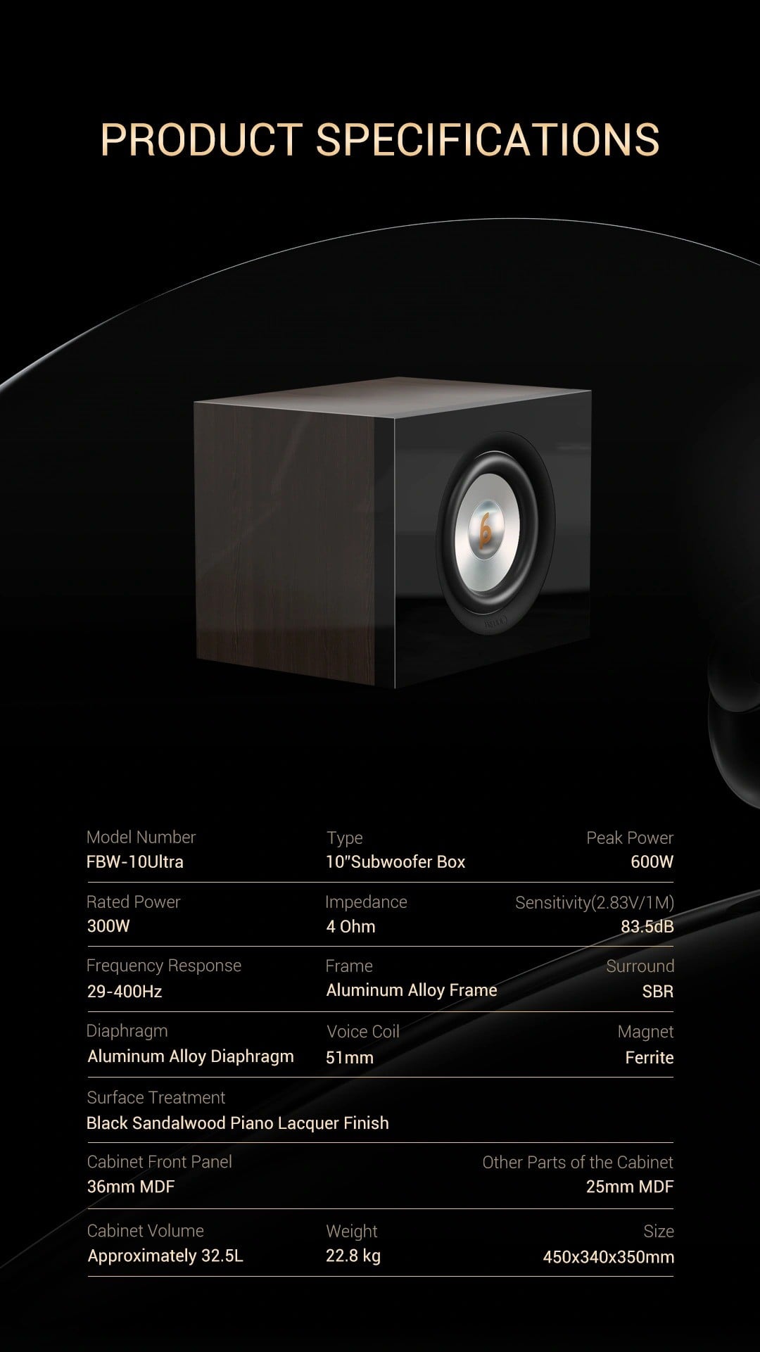 Bảng thông số in trên ảnh của Freude FBW-10 Ultra: 300W, 4 Ohm, 83,5 dB