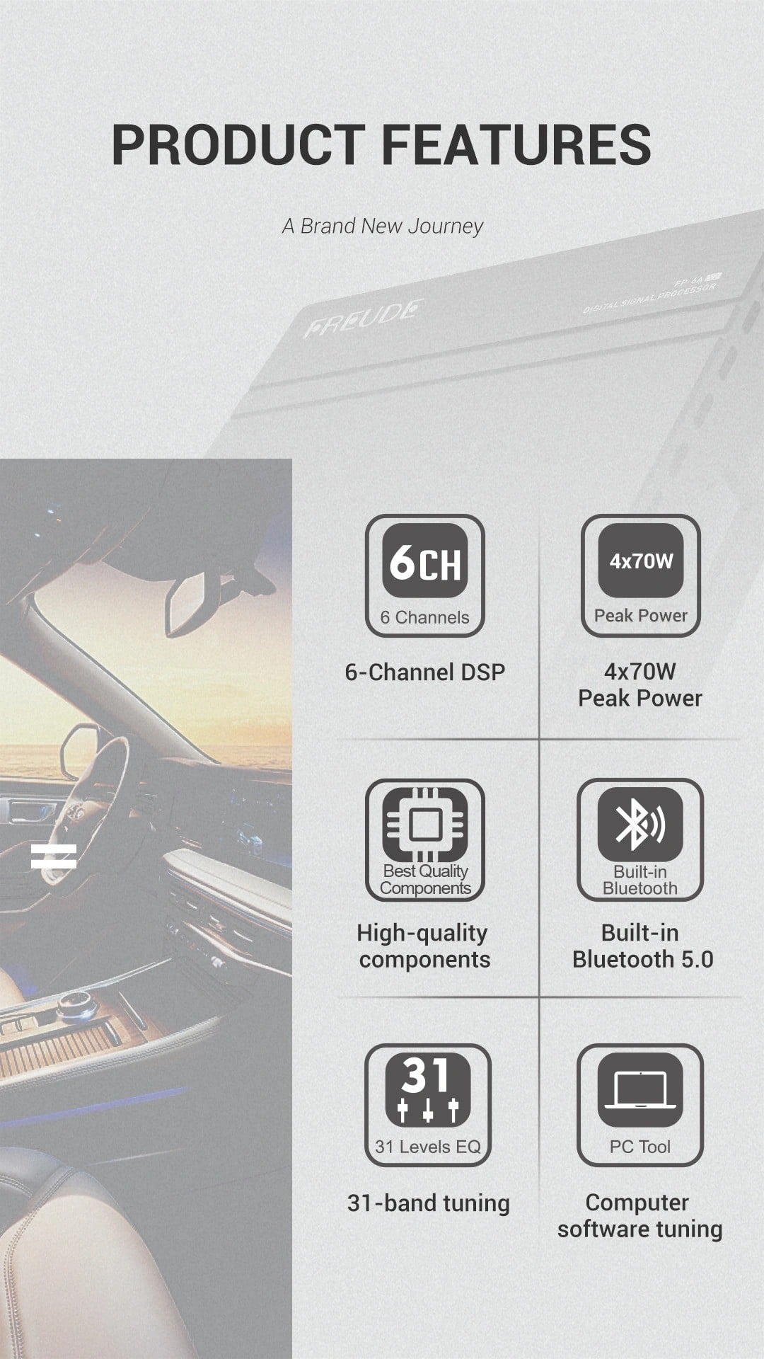 Các tính năng Freude FP-6A V2: 6 kênh DSP, 4x70W, Bluetooth 5.0, EQ 31 băng