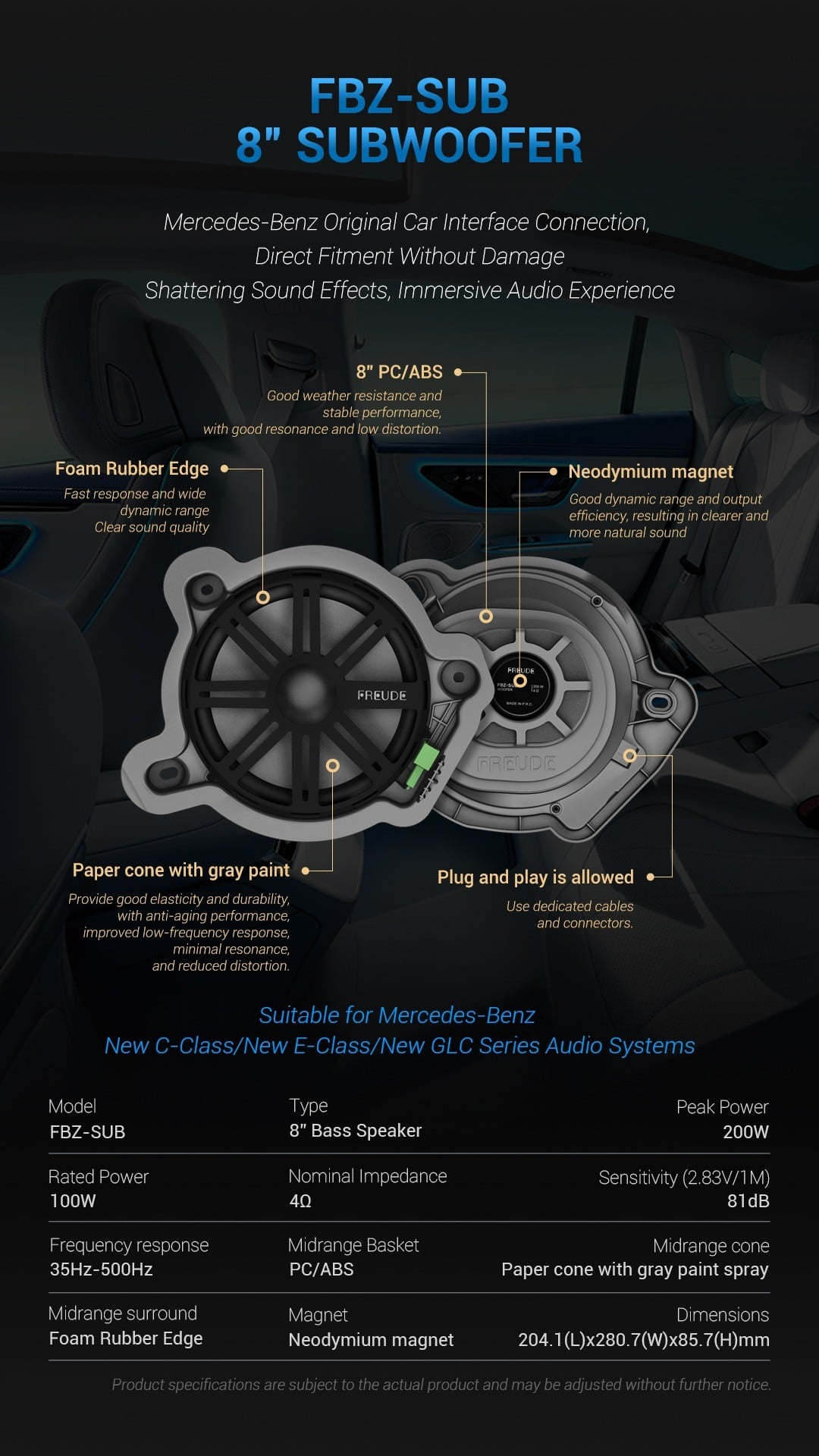 Infographic Freude FBZ-SUB 8 inch xuống 35 Hz cho Mercedes C, E, GLC