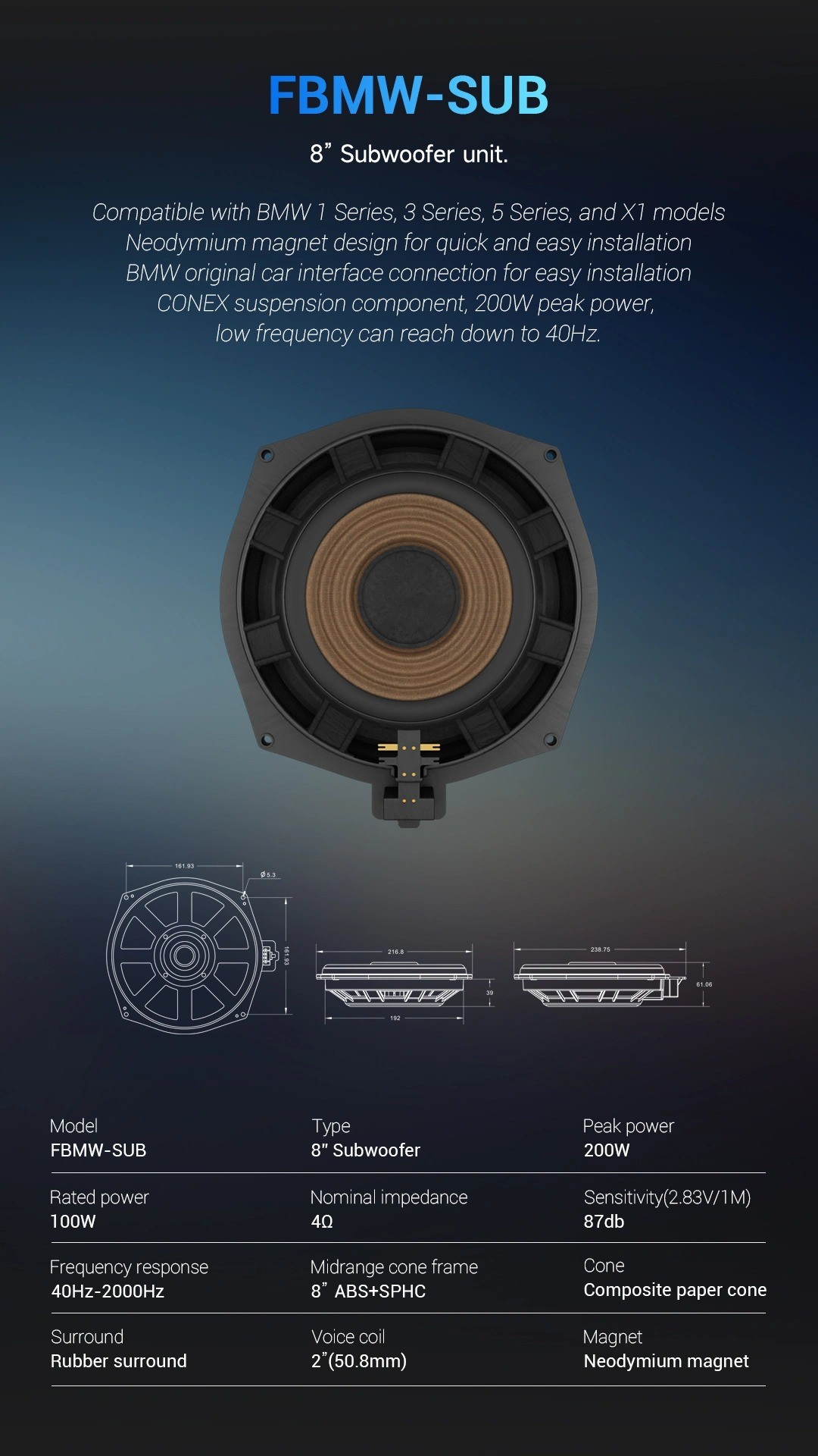 Kích thước và thông số Freude FBMW-SUB 8 inch, dày 61,06 mm
