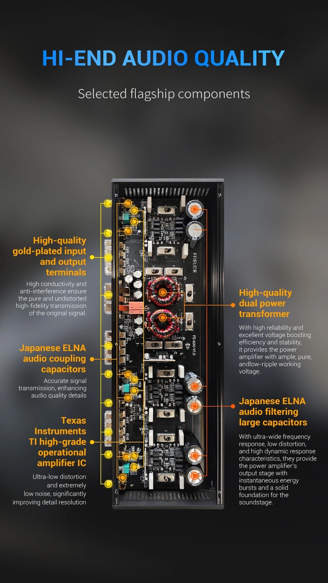 Linh kiện Freude FS-6: op-amp Texas Instruments, tụ ELNA, biến áp nguồn kép