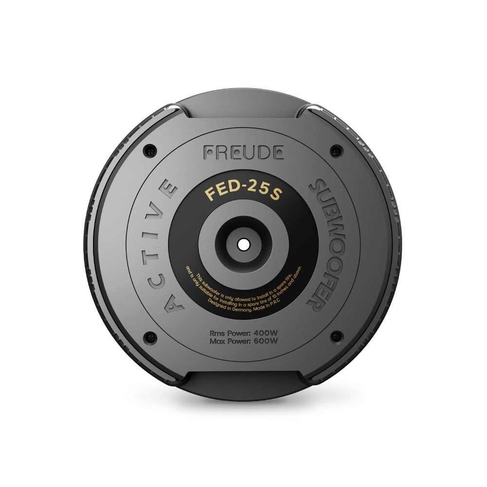 Sub điện lốp sơ cua Freude FED-25S nhìn từ trên, nhãn Active Subwoofer
