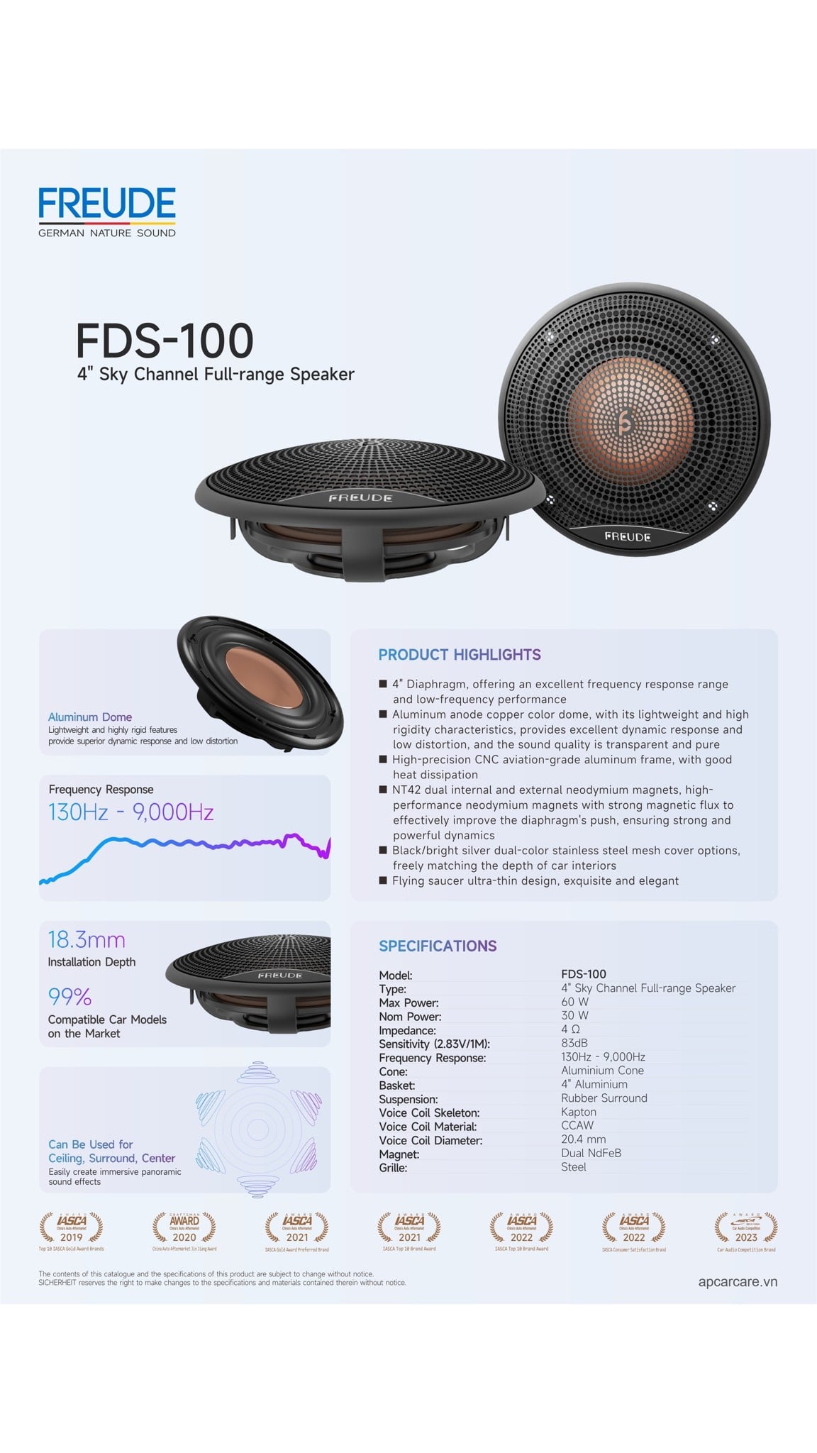 Tờ thông số chính hãng Freude FDS-100 loa trần 4 inch