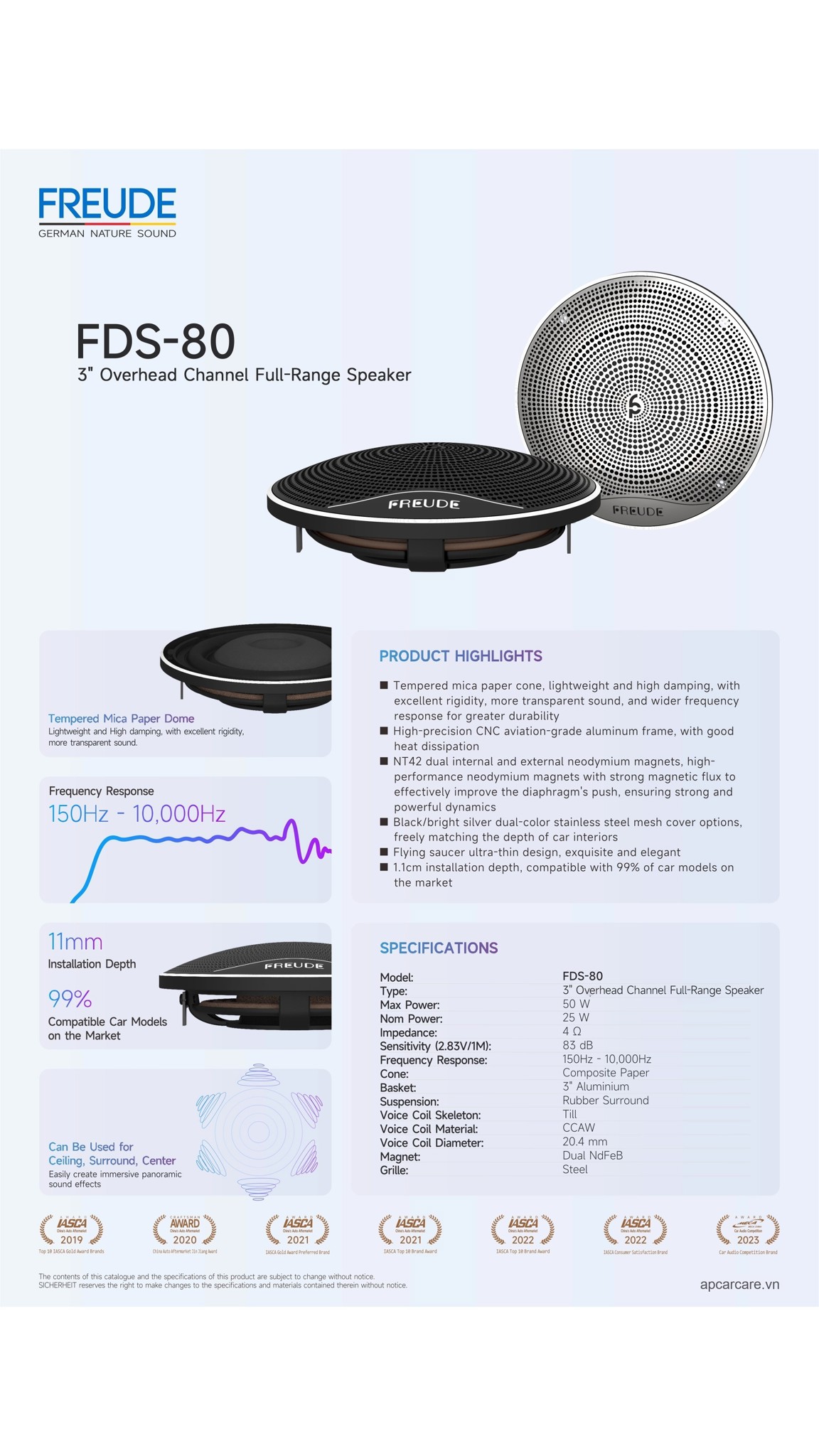 Tờ thông số chính hãng Freude FDS-80 loa trần 3 inch