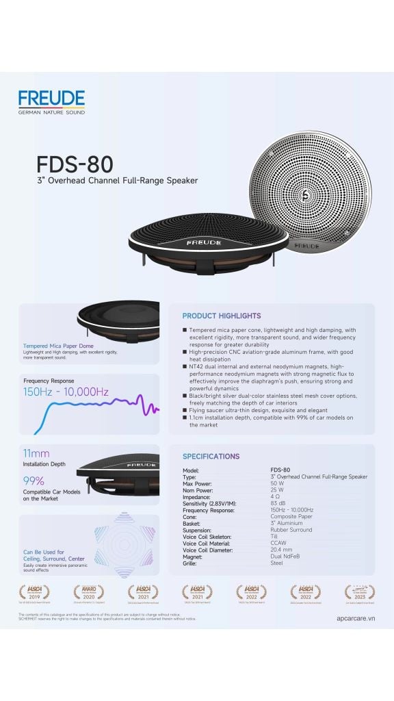 Loa Trần Ô Tô Freude FDS-80 Toàn Dải 3 Inch Siêu Mỏng 11mm