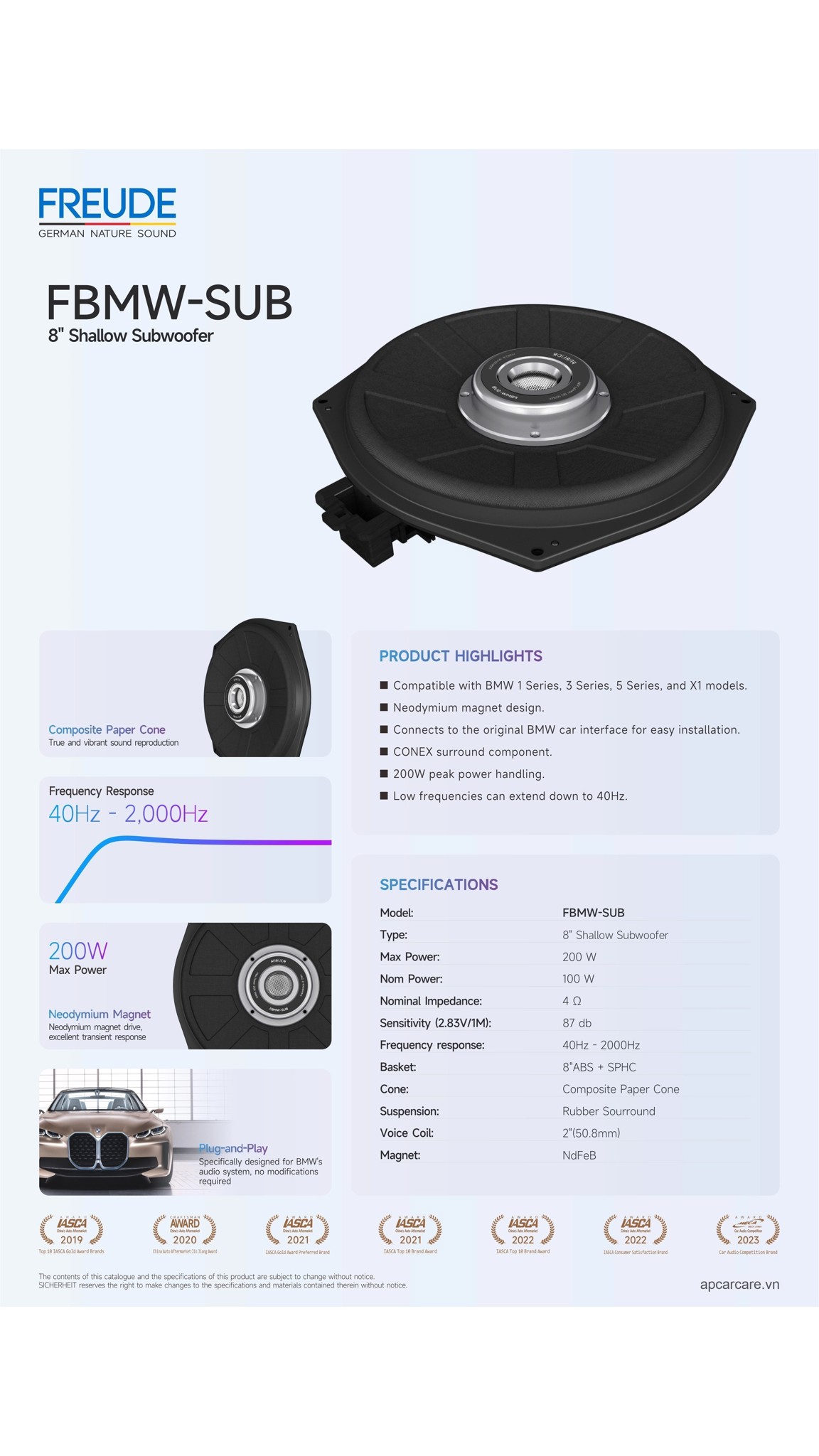 Tờ thông số Freude FBMW-SUB 8 inch shallow subwoofer