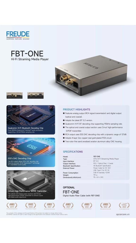 Bộ Phát Nhạc Bluetooth Hi-Fi Ô Tô Freude FBT-ONE BT 5.3 Ngõ Quang