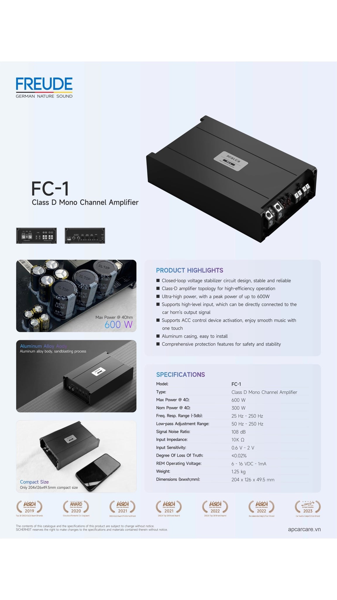 Tờ thông số Freude FC-1: 600W đỉnh @4 Ohm, 300W định mức, lọc 50 – 250 Hz