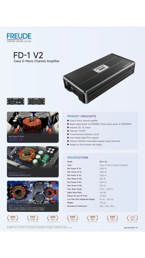 Amply Mono Ô Tô Freude FD-1 V2 Kéo Sub 1000W RMS 1 Ohm