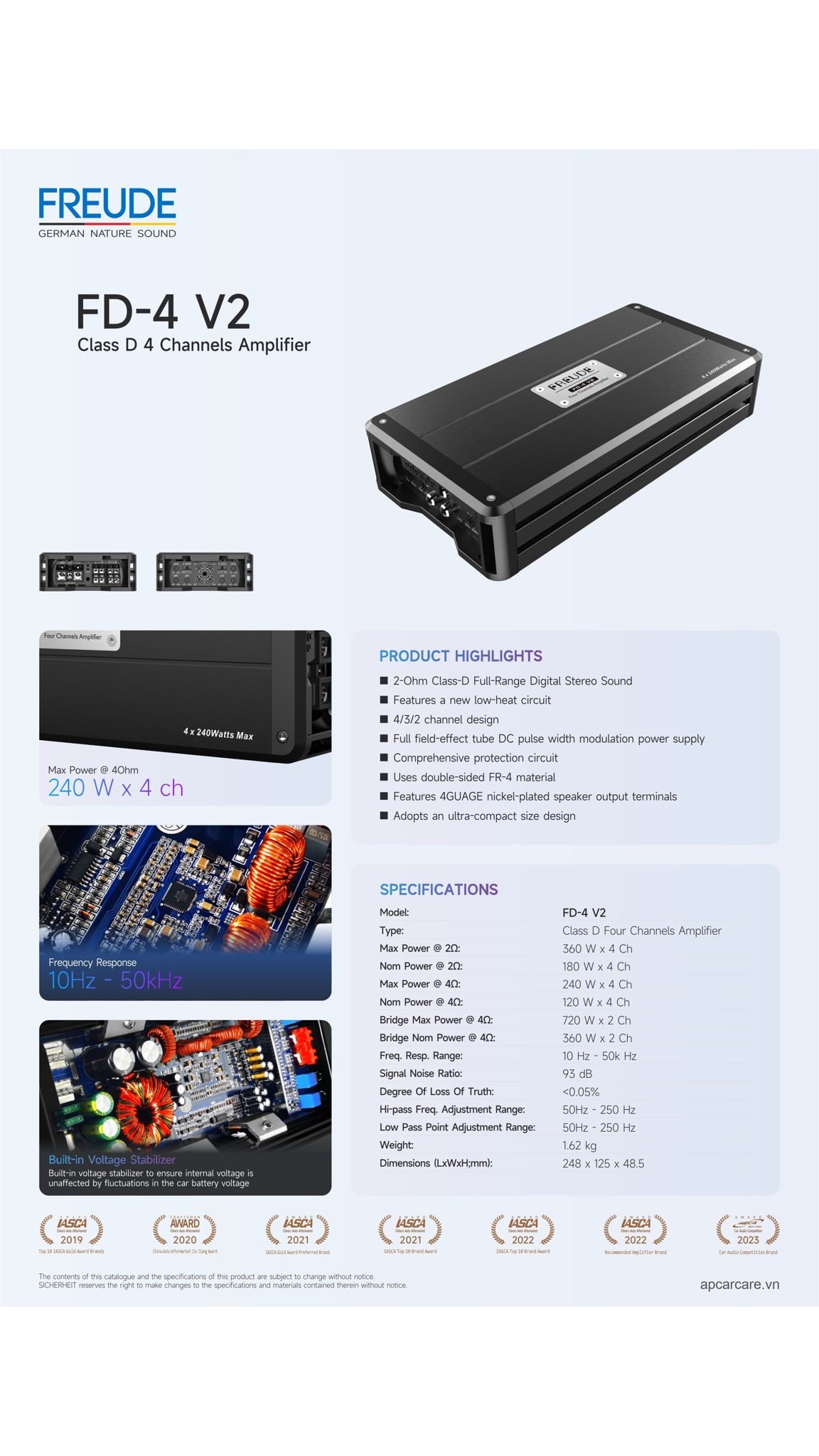 Tờ thông số Freude FD-4 V2: 4/3/2 kênh, 10 Hz – 50 kHz, 248 x 125 x 48,5 mm