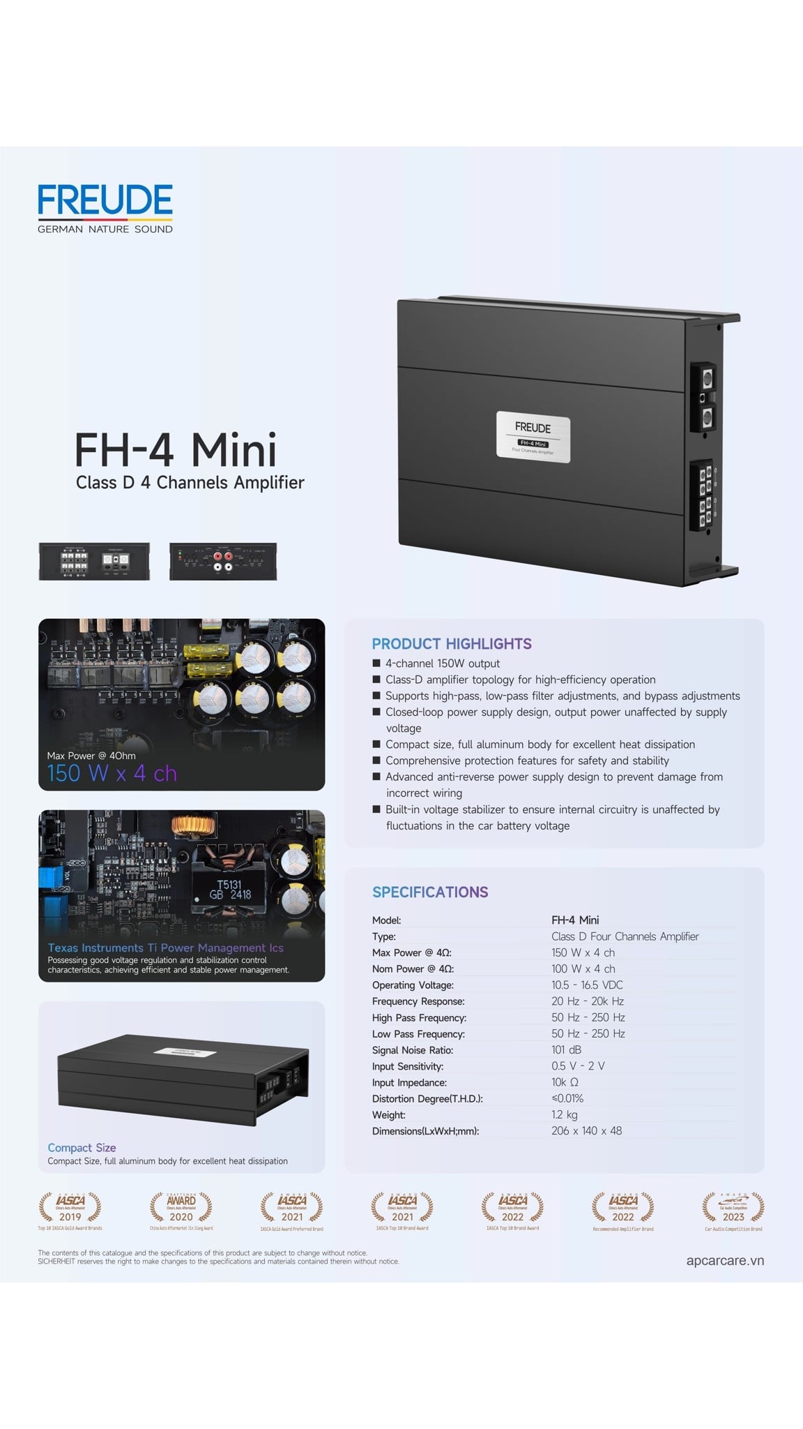 Tờ thông số Freude FH-4 Mini: 150W x 4, lọc 50 – 250 Hz, 206 x 140 x 48 mm