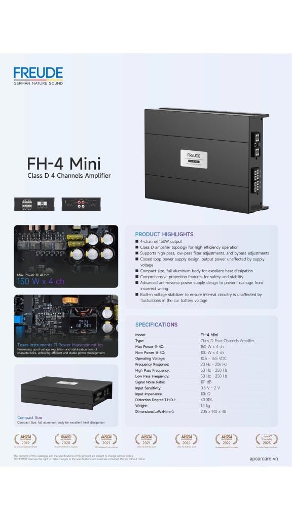Amply Ô Tô 4 Kênh Freude FH-4 Mini 4x100W Có Lọc HPF/LPF