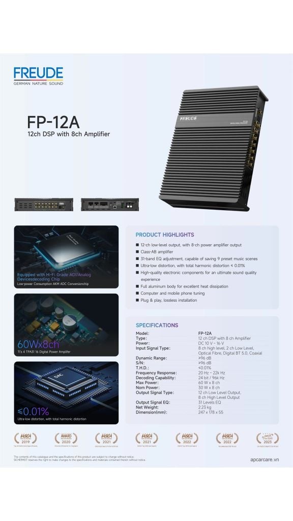 Amply Tích Hợp DSP Ô Tô Freude FP-12A 12 Kênh 8x30W