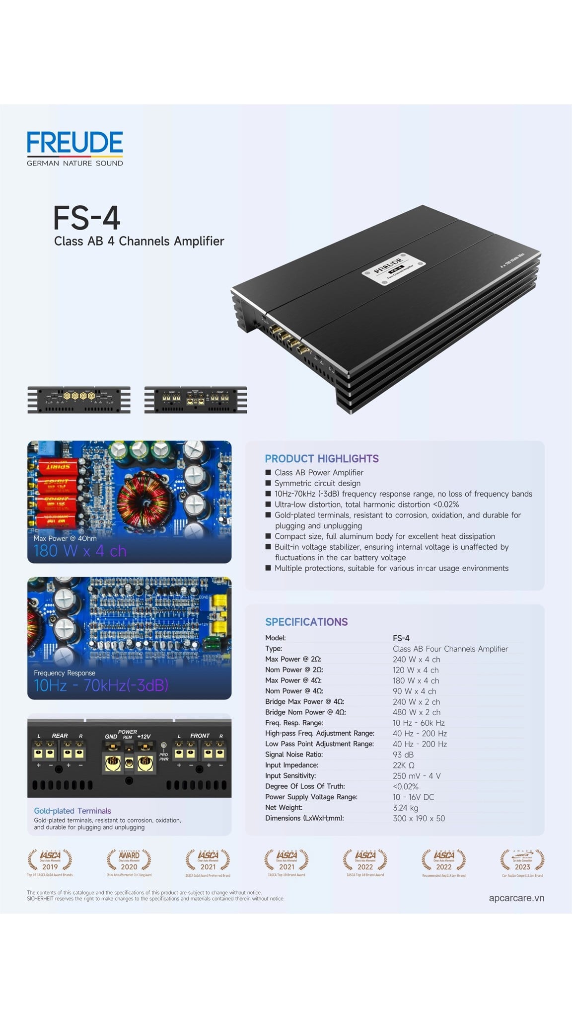 Tờ thông số Freude FS-4 Class AB: 4/3/2 kênh, 10 Hz – 60 kHz, 300 x 190 x 50 mm