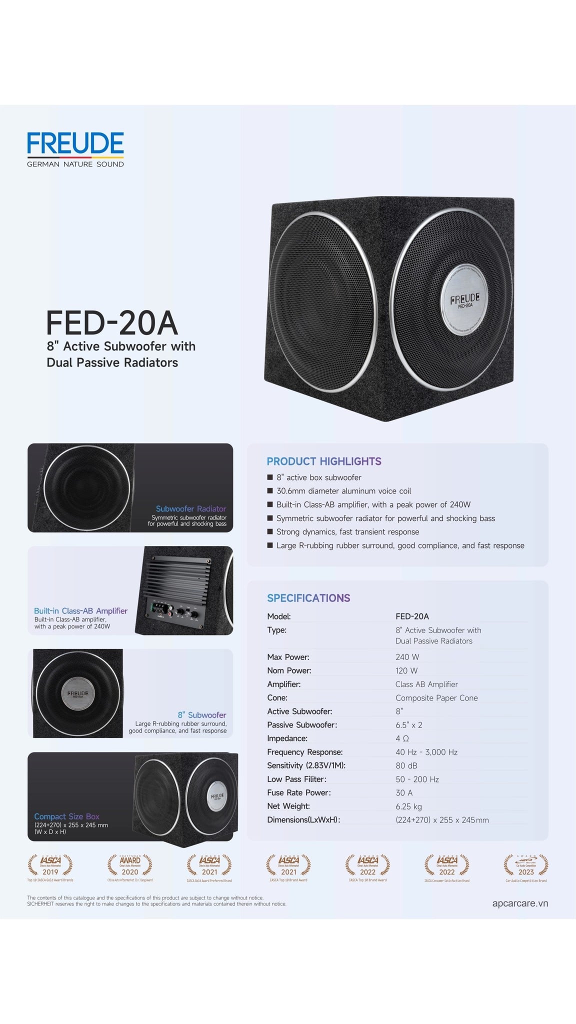Tờ thông số kỹ thuật sub điện Freude FED-20A