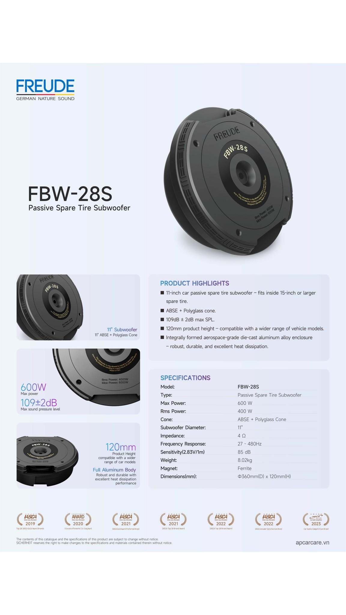 Tờ thông số kỹ thuật sub lốp sơ cua Freude FBW-28S
