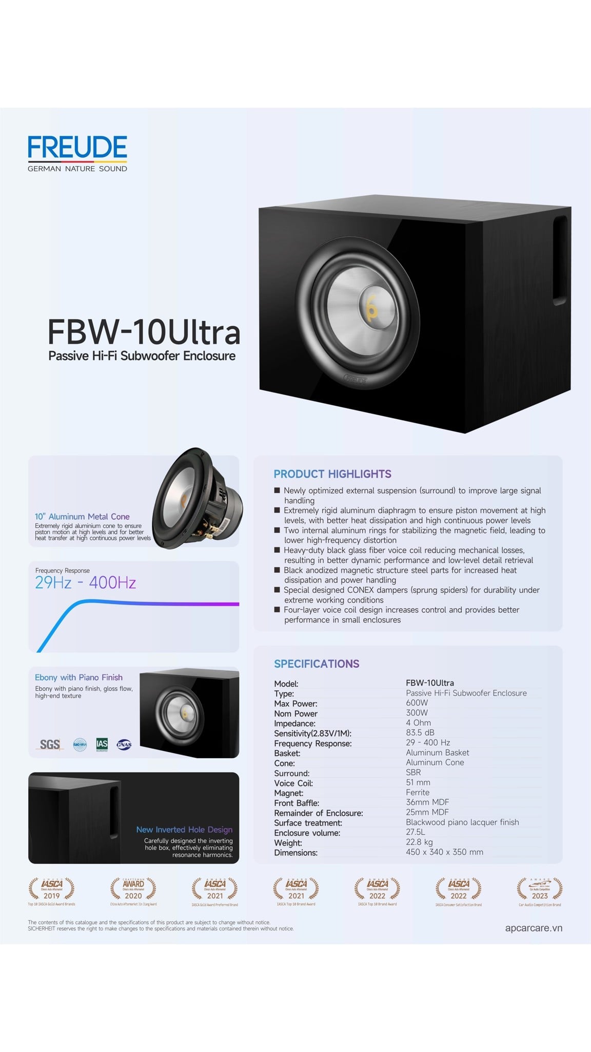 Tờ thông số kỹ thuật thùng sub Freude FBW-10 Ultra