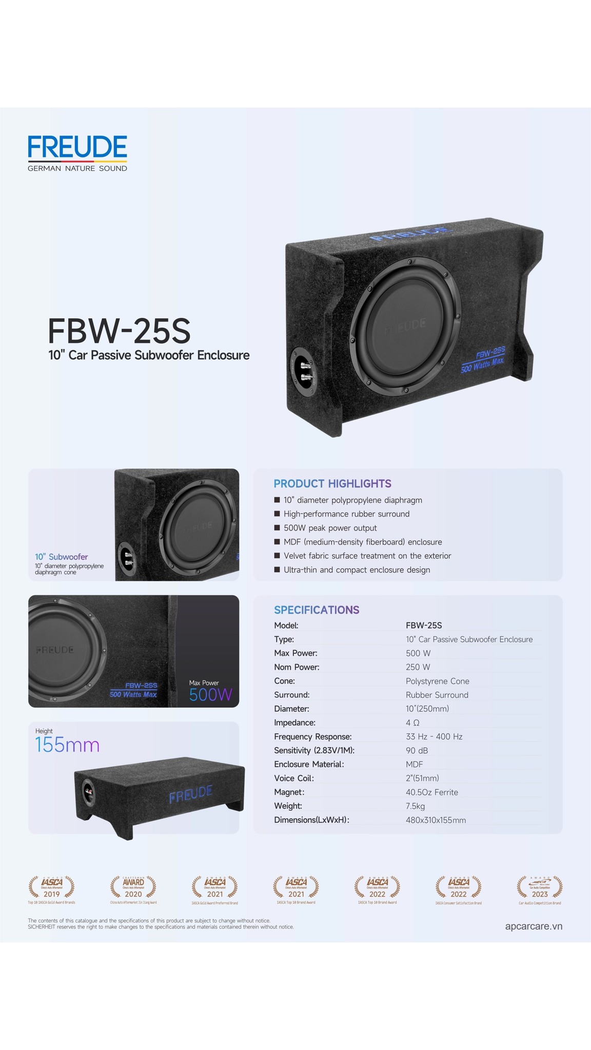 Tờ thông số kỹ thuật thùng sub Freude FBW-25S