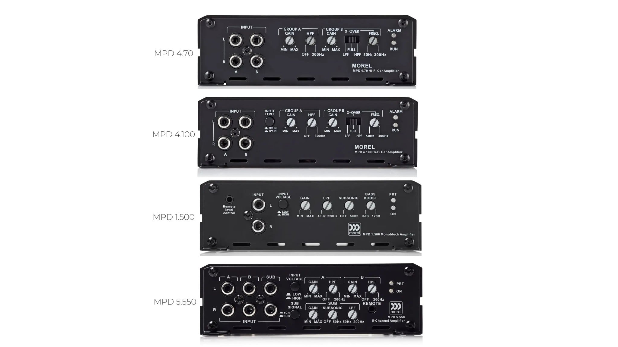 Mặt cổng của dòng amply Morel MPD, trong đó MPD 1.500 là bản mono thứ ba từ trên xuống