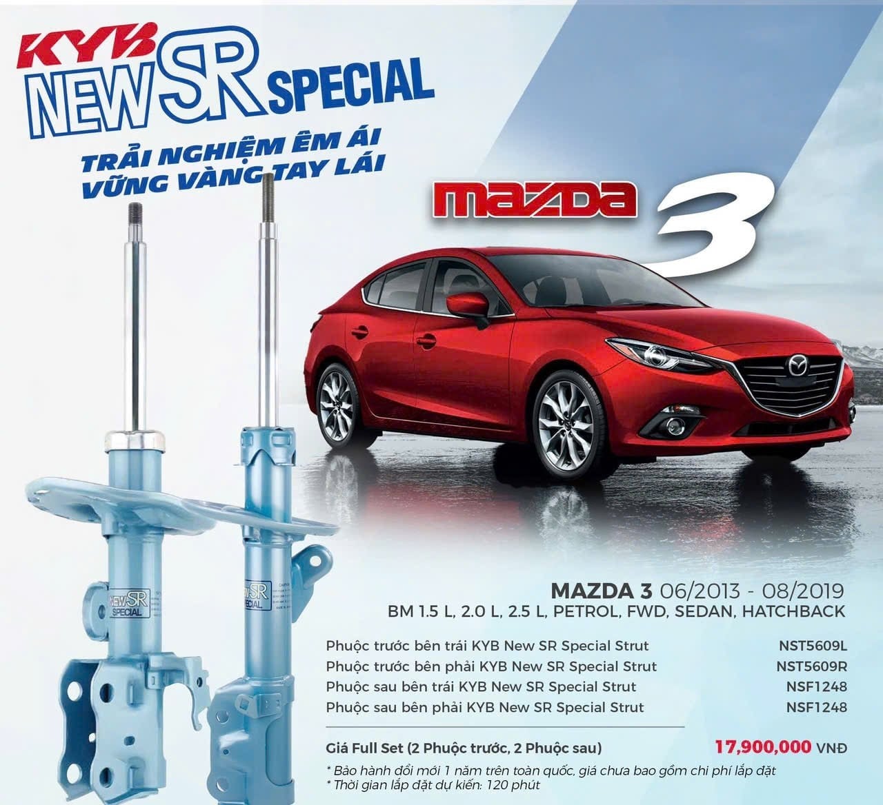 Poster KYB New SR Special cho Mazda 3 BM 2013 đến 2019: phuộc trước NST5609L, NST5609R, sau NSF1248