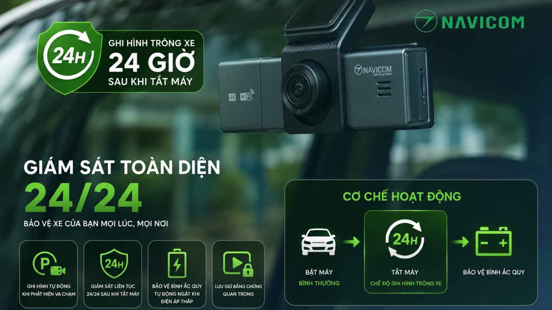 Chế độ trông xe 24 giờ của Navicom T4K với bảo vệ ắc quy khi điện áp thấp