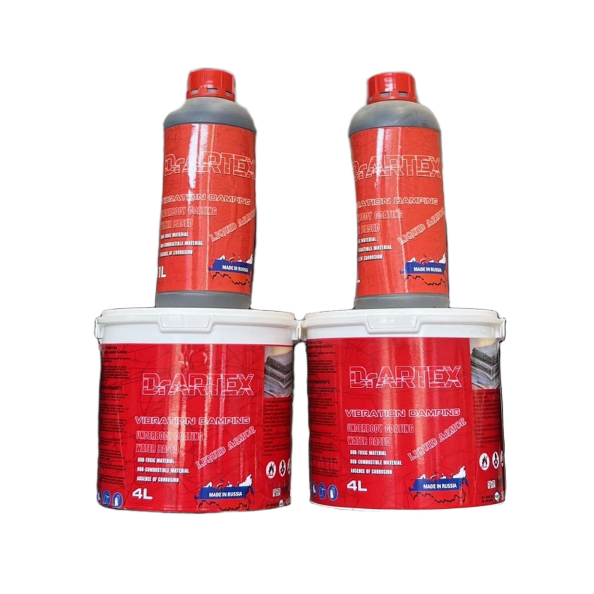 Hai xô 4 L và hai chai 1 L Dr Artex Liquid Armor in chữ Made in Russia