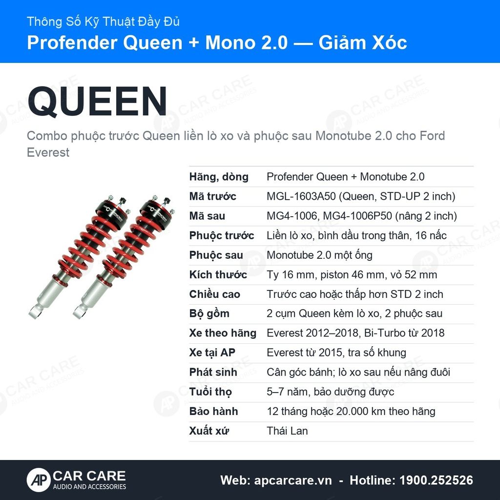 Giảm Xóc Ô Tô Ford Everest 2015+ Profender Queen + Monotube 2.0