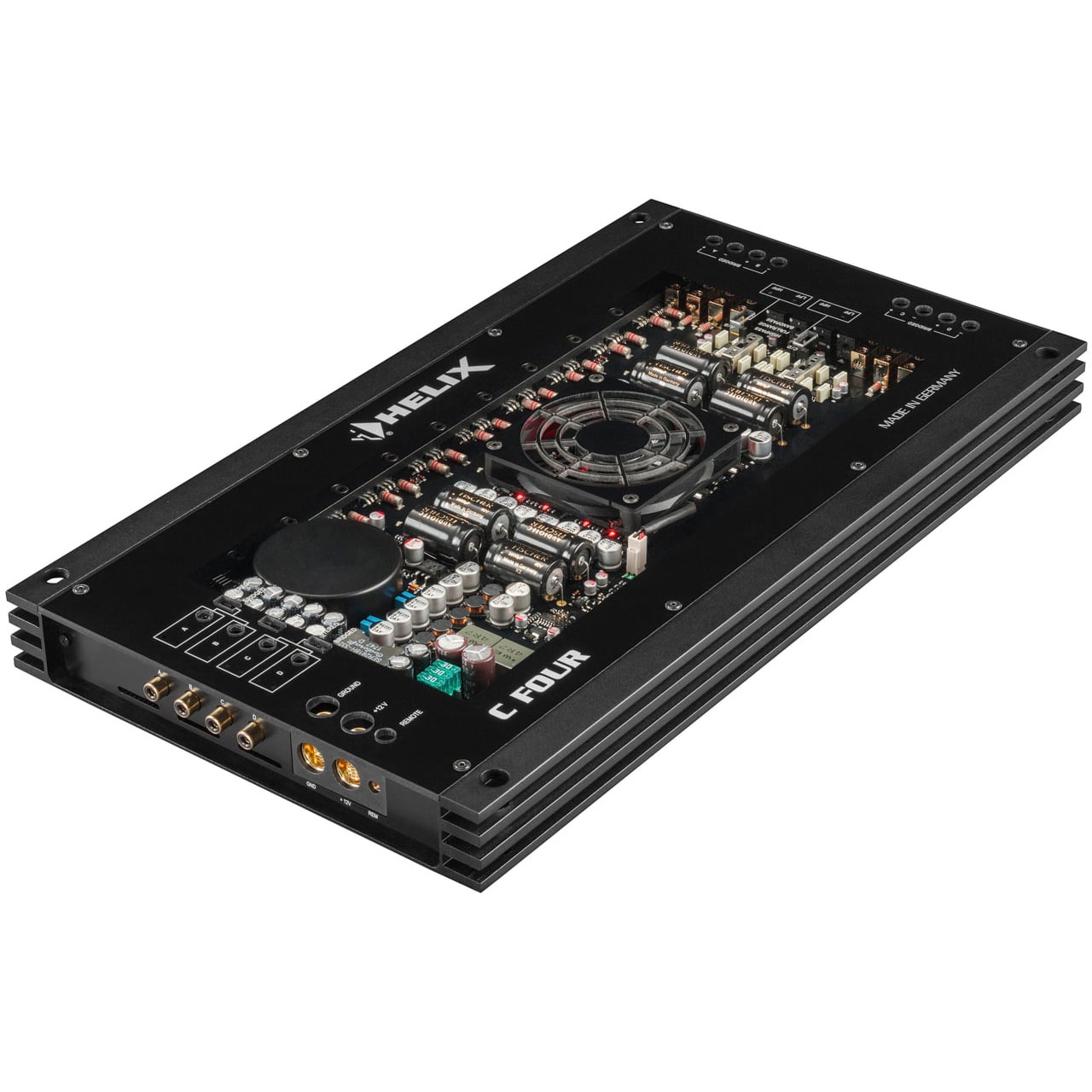 Amply ô tô 4 kênh Helix C FOUR góc nghiêng mặt ngõ vào