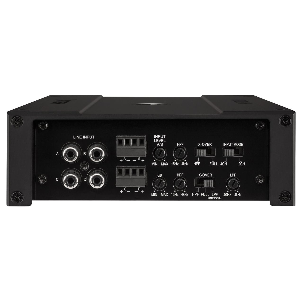 Mặt ngõ vào Helix M FOUR với RCA, ngõ vào loa và núm chỉnh phân tần