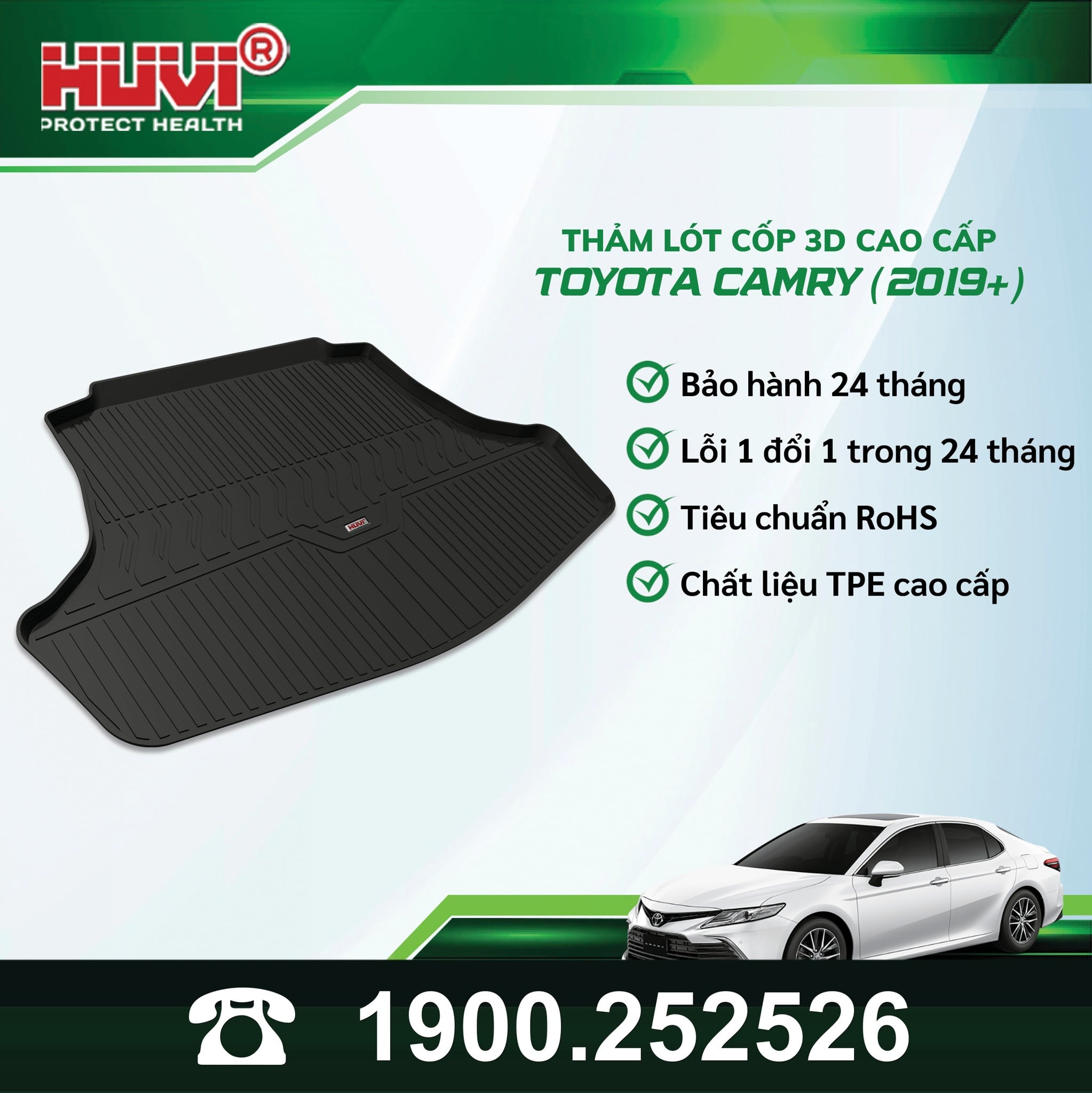 Poster Huvi lót cốp 3D cho Toyota Camry 2019+: bảo hành 24 tháng, RoHS, chất liệu TPE
