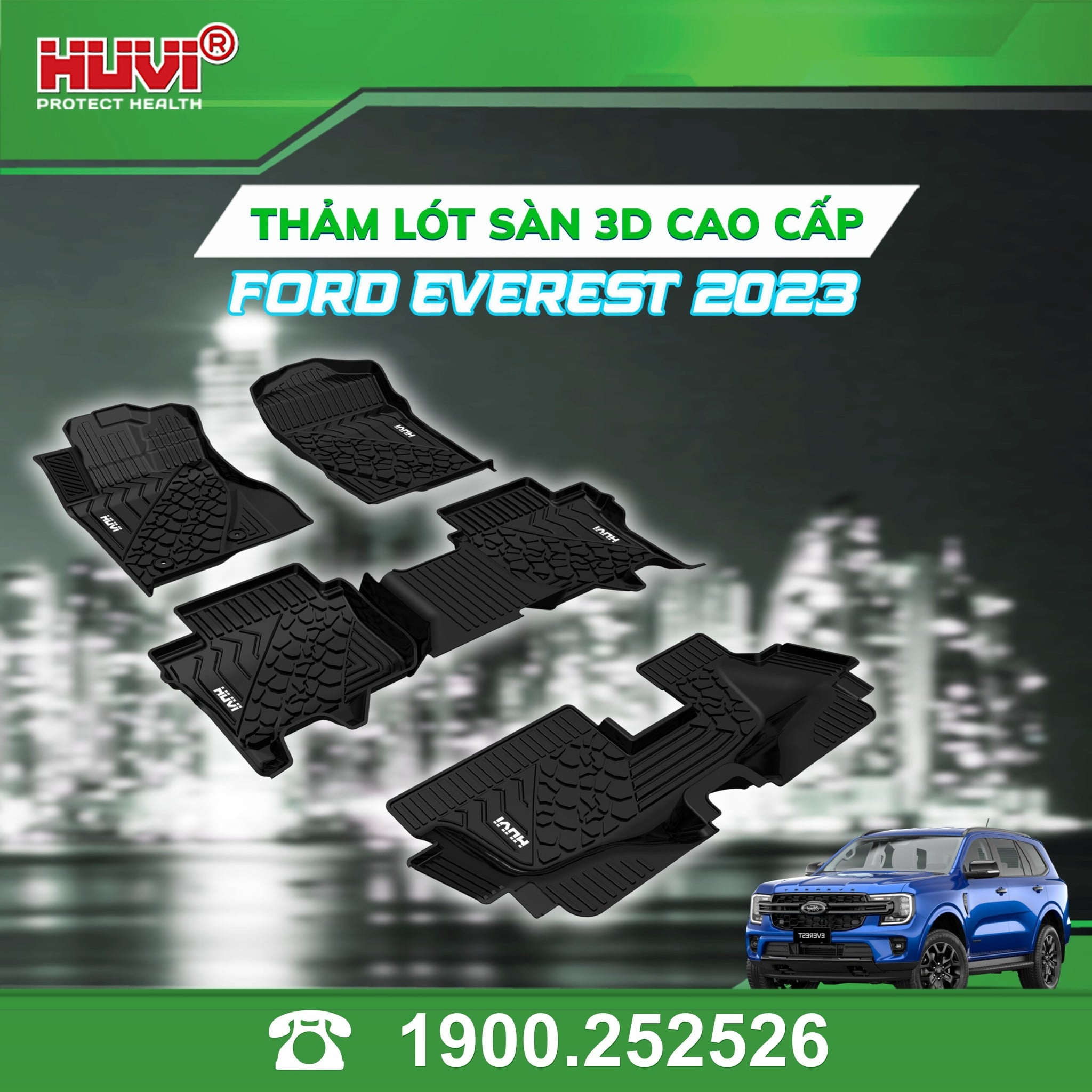 Thảm lót sàn ô tô Huvi Ford Everest 2023 đúc khuôn TPE tràn viền bậc cửa